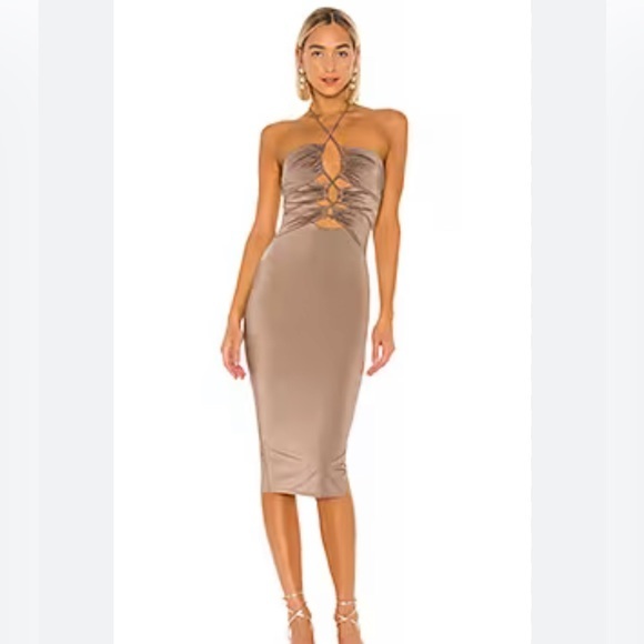 NWT Michael Costello X Revolve shimmery dark taupe midi sexy dress - Picture 1 of 10